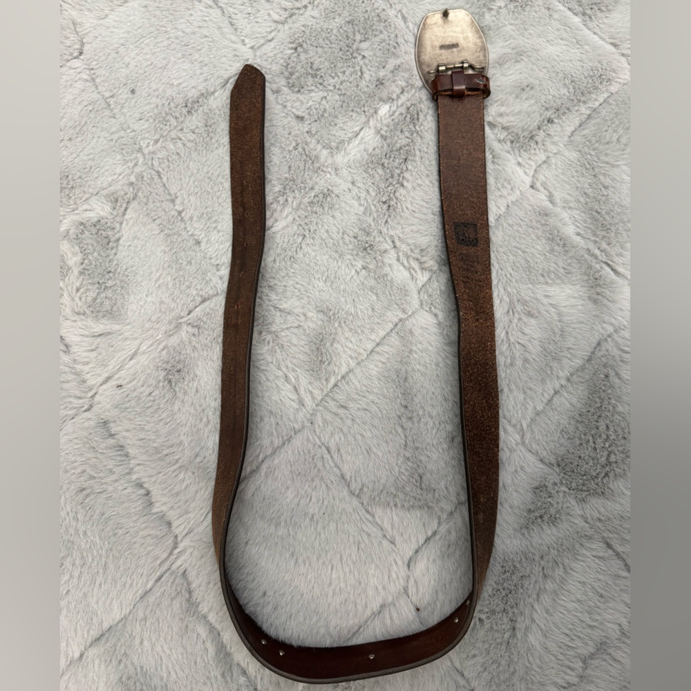 Vintage 90s Leather Statement Belt Western Festival Rodeo Silver Buckle Brown - Picture 8 of 13